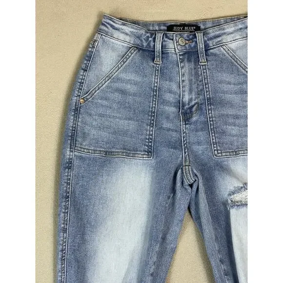 Judy Blue Jeans Womens 3/26 Blue Boyfriend Fit Distressed Mid Rise Stretch Denim - Picture 3 of 13